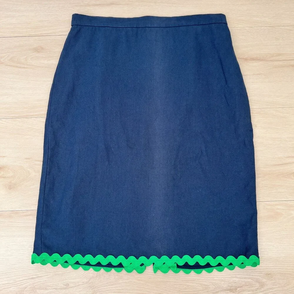 J.Crew Navy Blue Green Ric Rac Linen Retro Preppy Twee Revival Pencil Skirt Sz 6